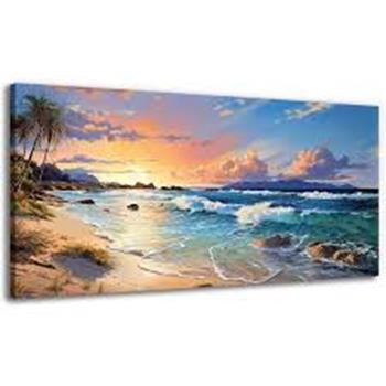 CUADRO DE PLAYA 120X60CM ATARDECER PALMERAS PEQUENAS